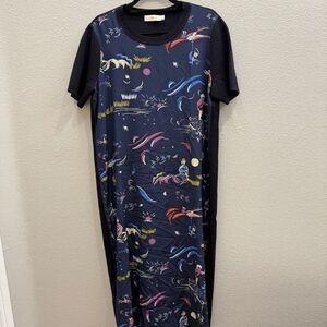 Tory Burch Silk Front Sweater Dress Size Large Navy Midi Short Sleeve